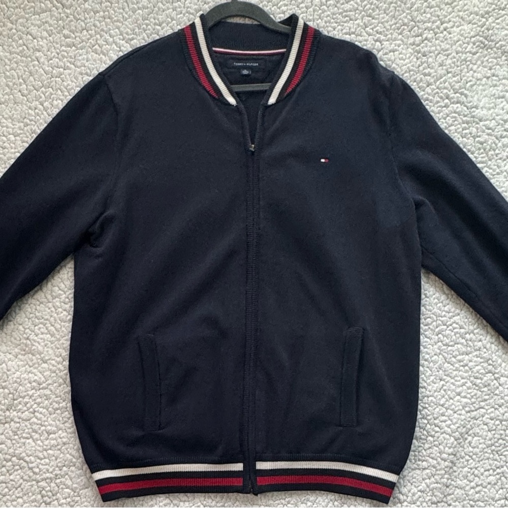 Tommy Hilfiger Blue Zip-Up Sweater – XL – Red & White Accent